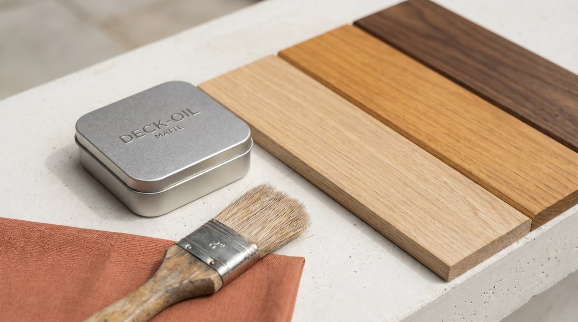 Deck oil tin, brush and graduated timber sample boards