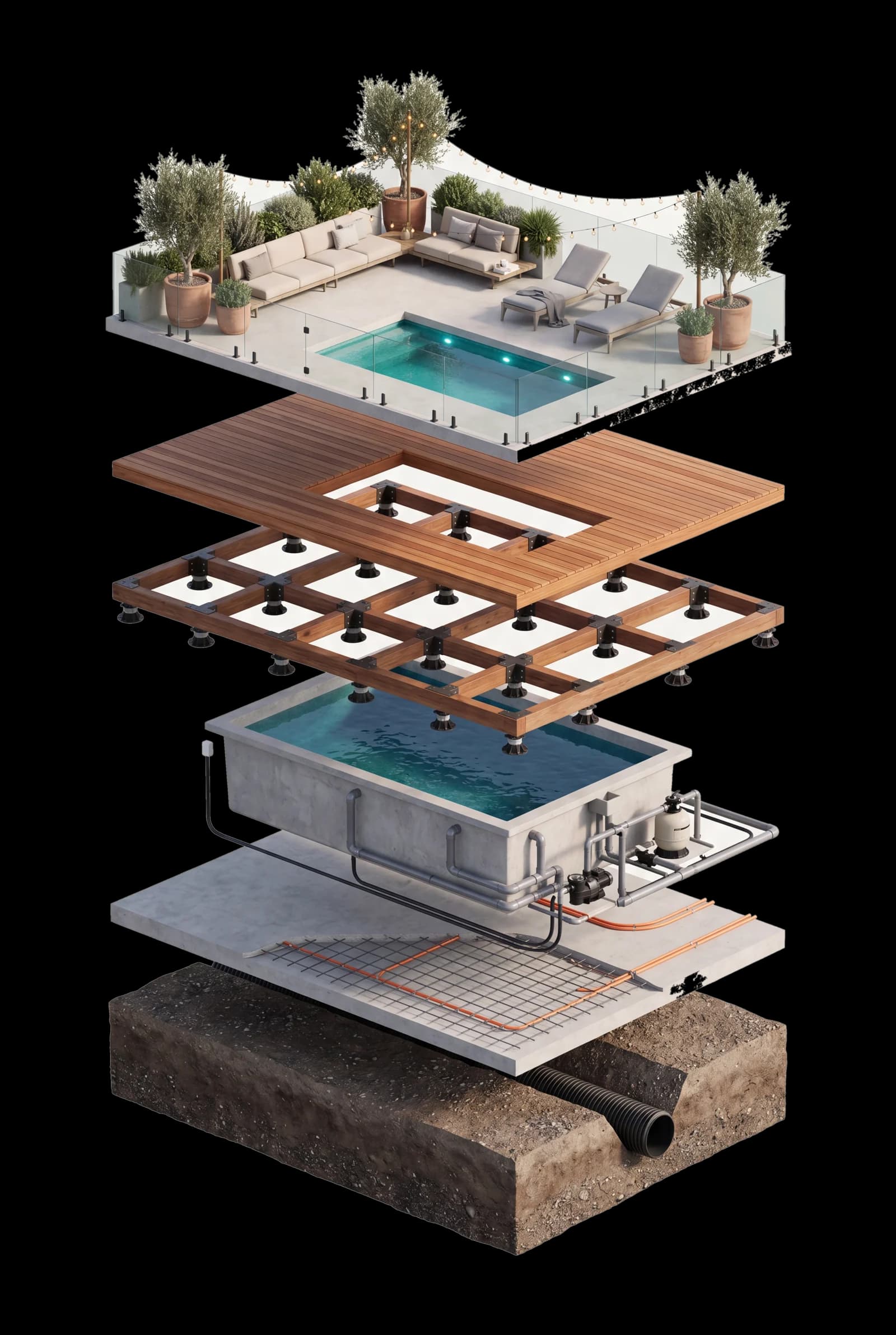 Exploded view of a premium JAM pool deck — finishes, decking, structure, pool, engineering and groundwork