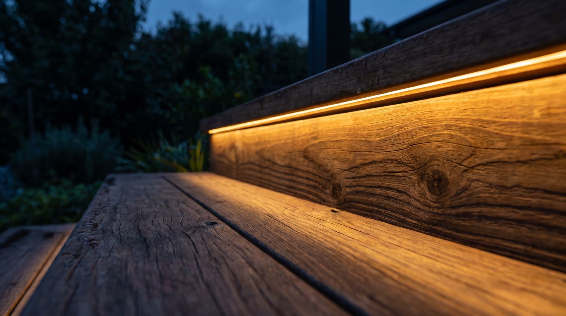 Warm LED lighting embedded into the edge of a timber deck step at dusk