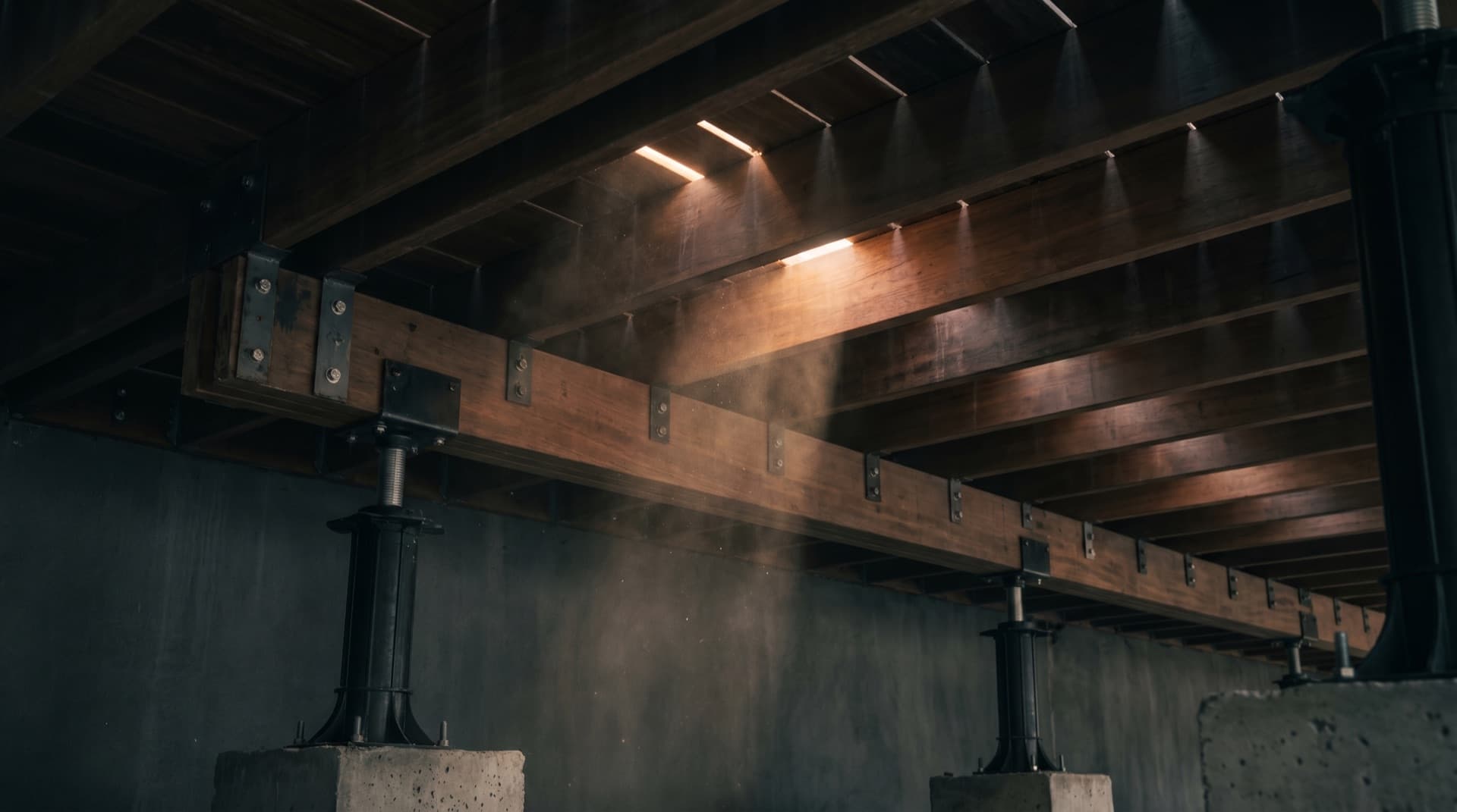 Underside of a premium timber deck — joists, pedestals and concrete footings